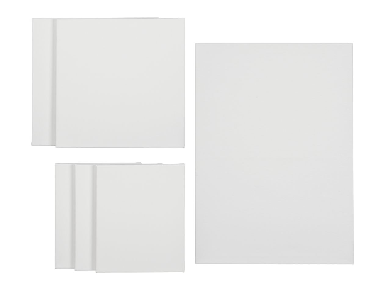 Set aus drei kleinen und drei großen weißen Leinwänden