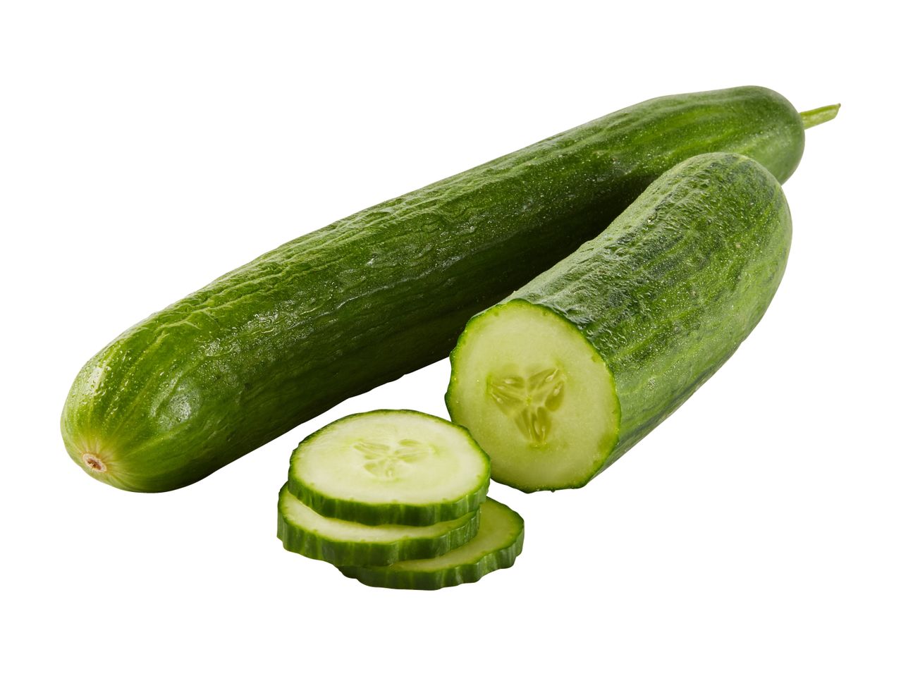 Two fresh cucumbers, one whole and one sliced, with water droplets.