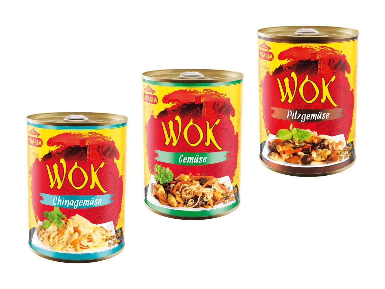 Drei Dosen VitAsia Wok-Gemüse: Chinagemüse, Gemüse und Pilzgemüse.
