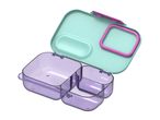 Open bento lunch box with purple compartments and a teal lid with a pink seal.