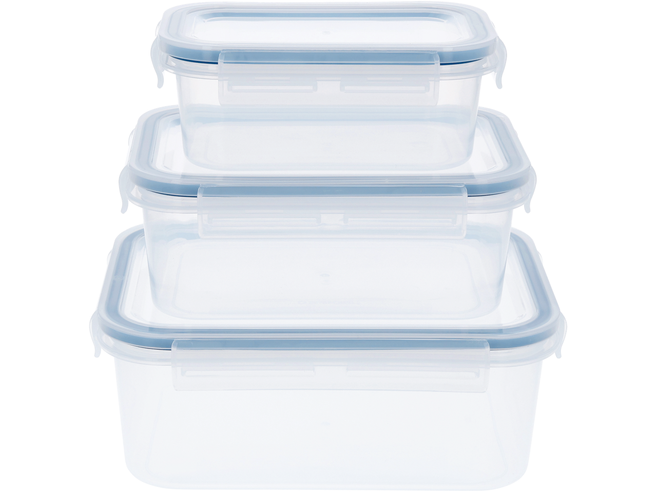 3 caurspīdīgu Silvercrest® uzglabāšanas trauku komplekts ar vākiem un zilām blīvēm.