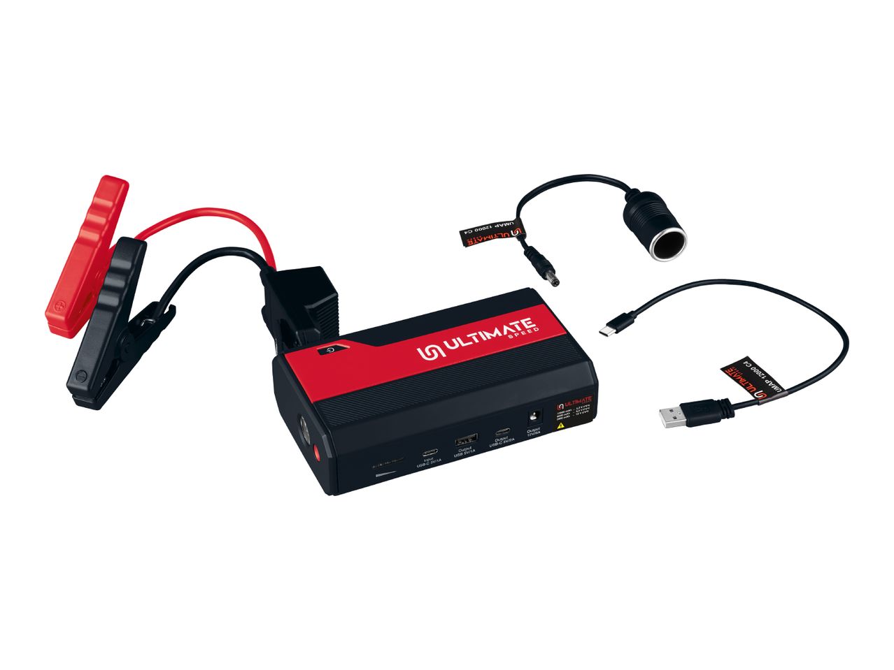ULTIMATE SPEED jump starter with battery clamps, USB-C cable, and 12V adapter.