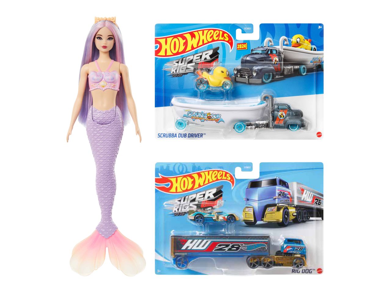 Barbie Meerjungfrau-Puppe und zwei Hot Wheels Super Rigs Spielzeug-LKW-Sets.