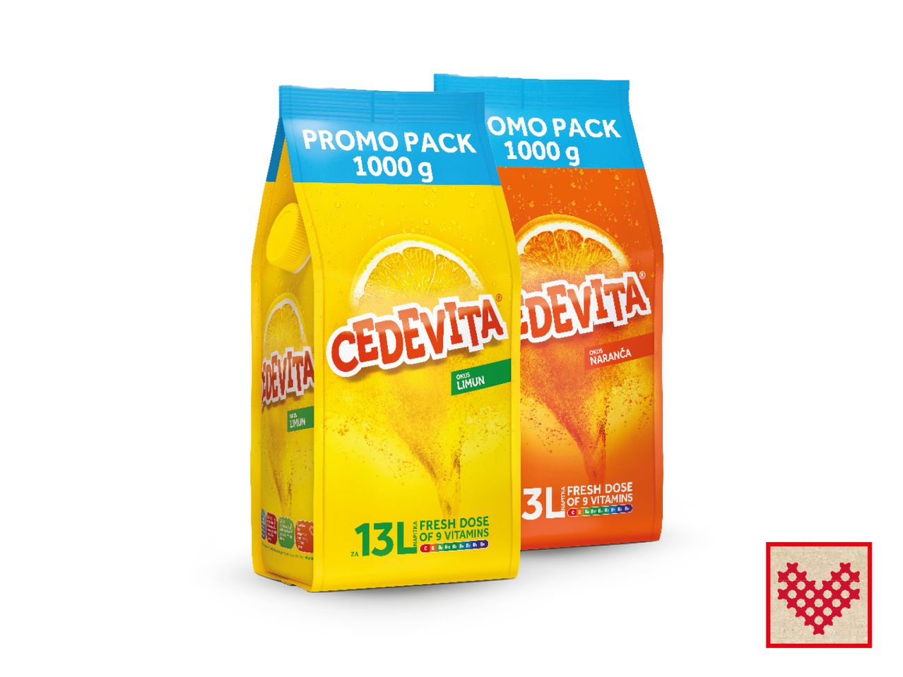 Dvije vrećice instant napitka Cevita, žuta i narančasta.
