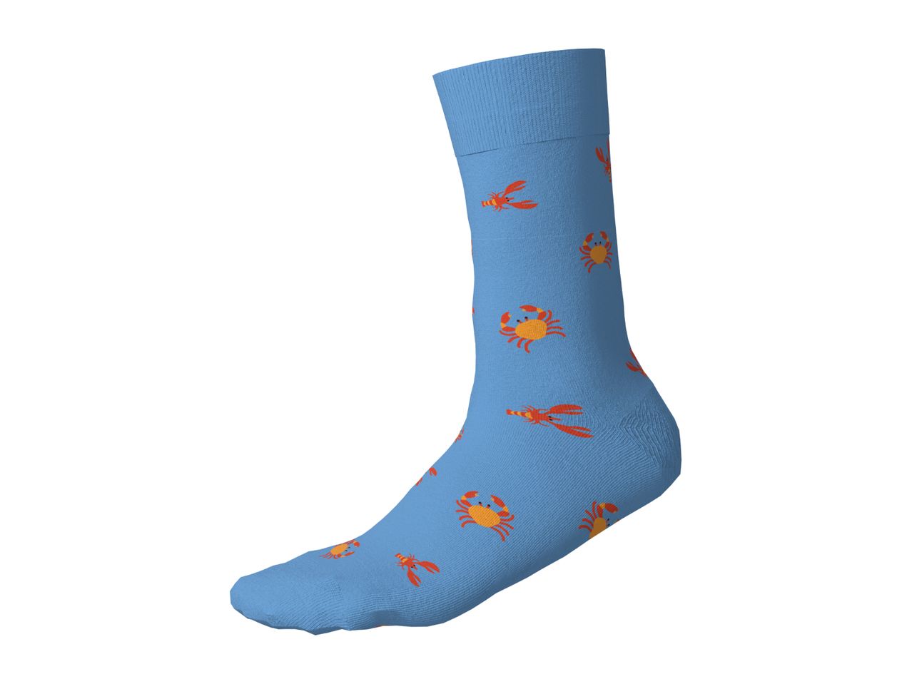 Blue sock with red crab and lobster patterns