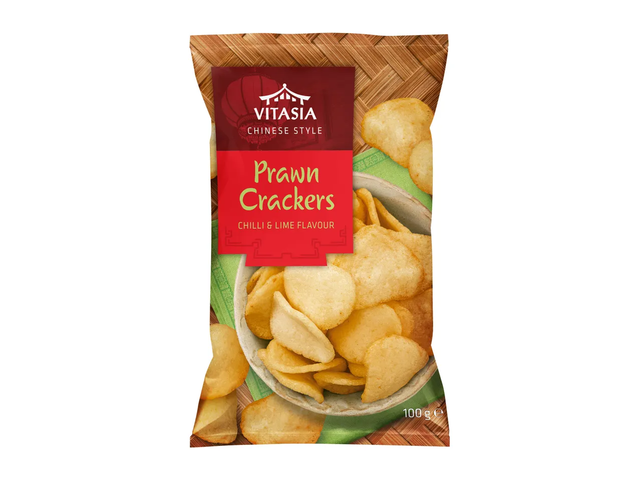 A bag of Vitasia Chinese Style Prawn Crackers with Chilli & Lime flavour.