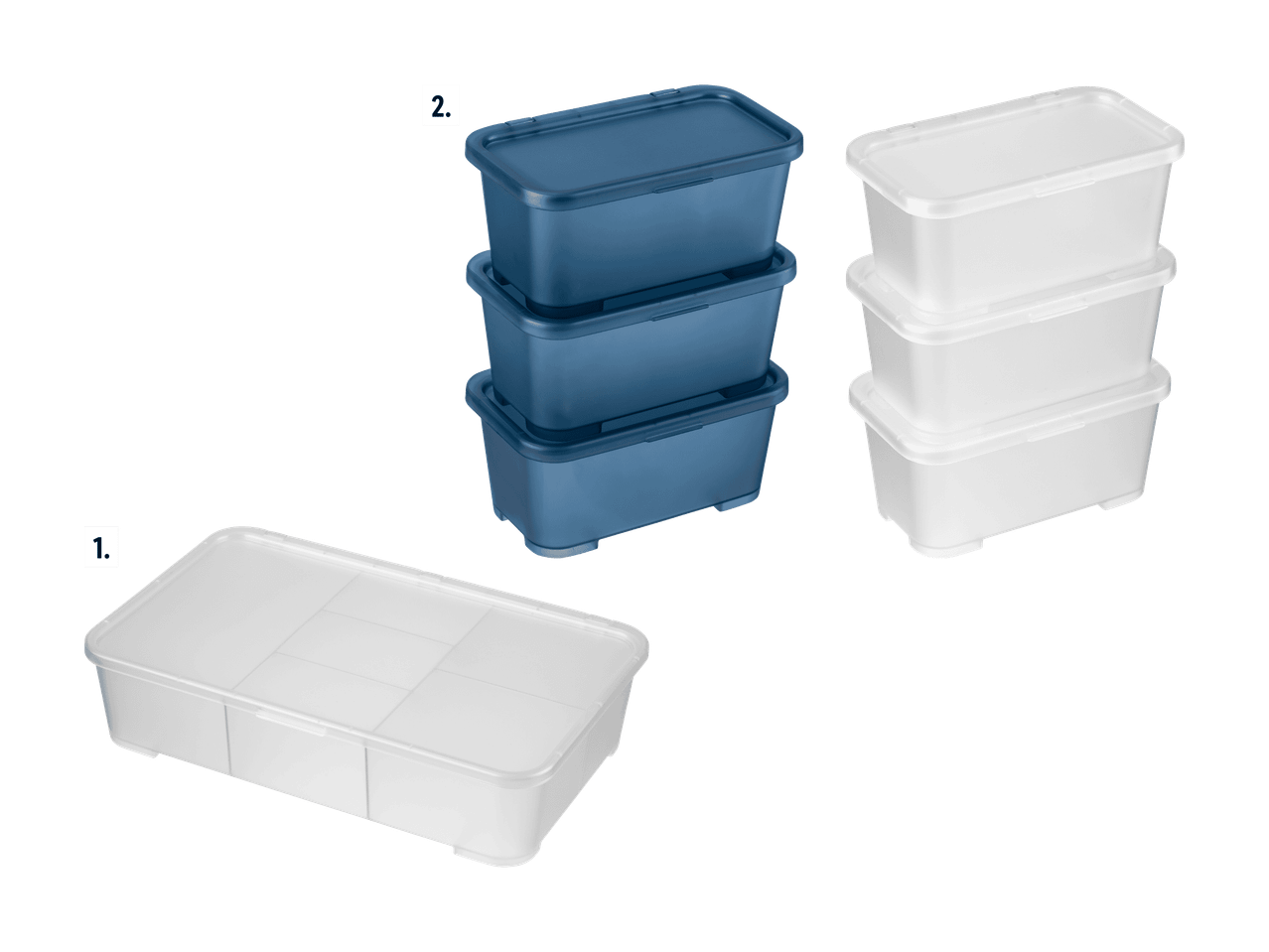 Contenitori impilabili bianchi e blu