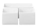White fabric storage organizer with three compartments, one long and two square.