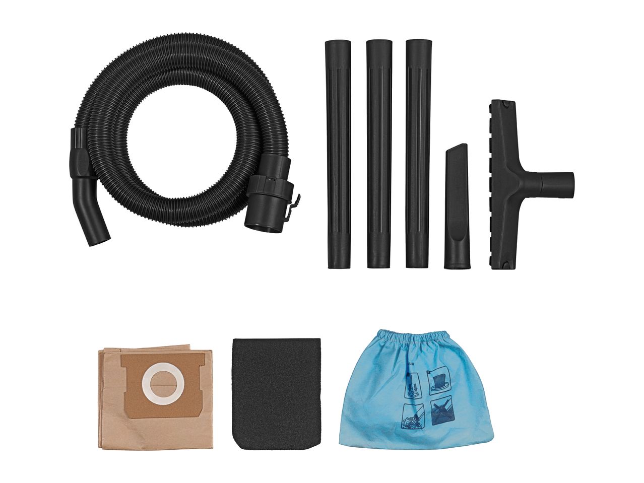 Vacuum cleaner accessories including hose, extension tubes, nozzles, dust bags, and filter.