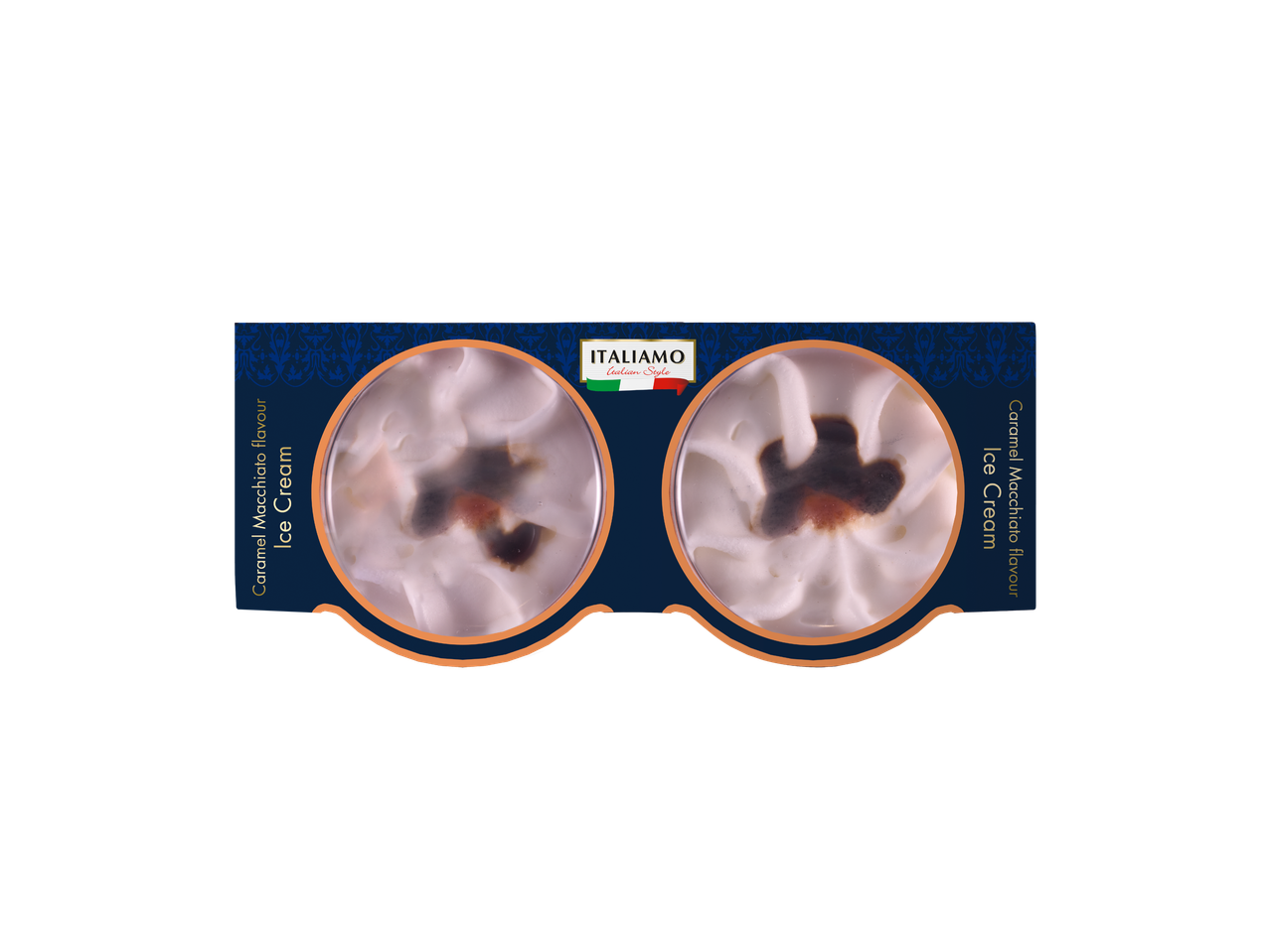 Gelado ITALIAMO sabor Caramelo Macchiato em dois copos individuais.