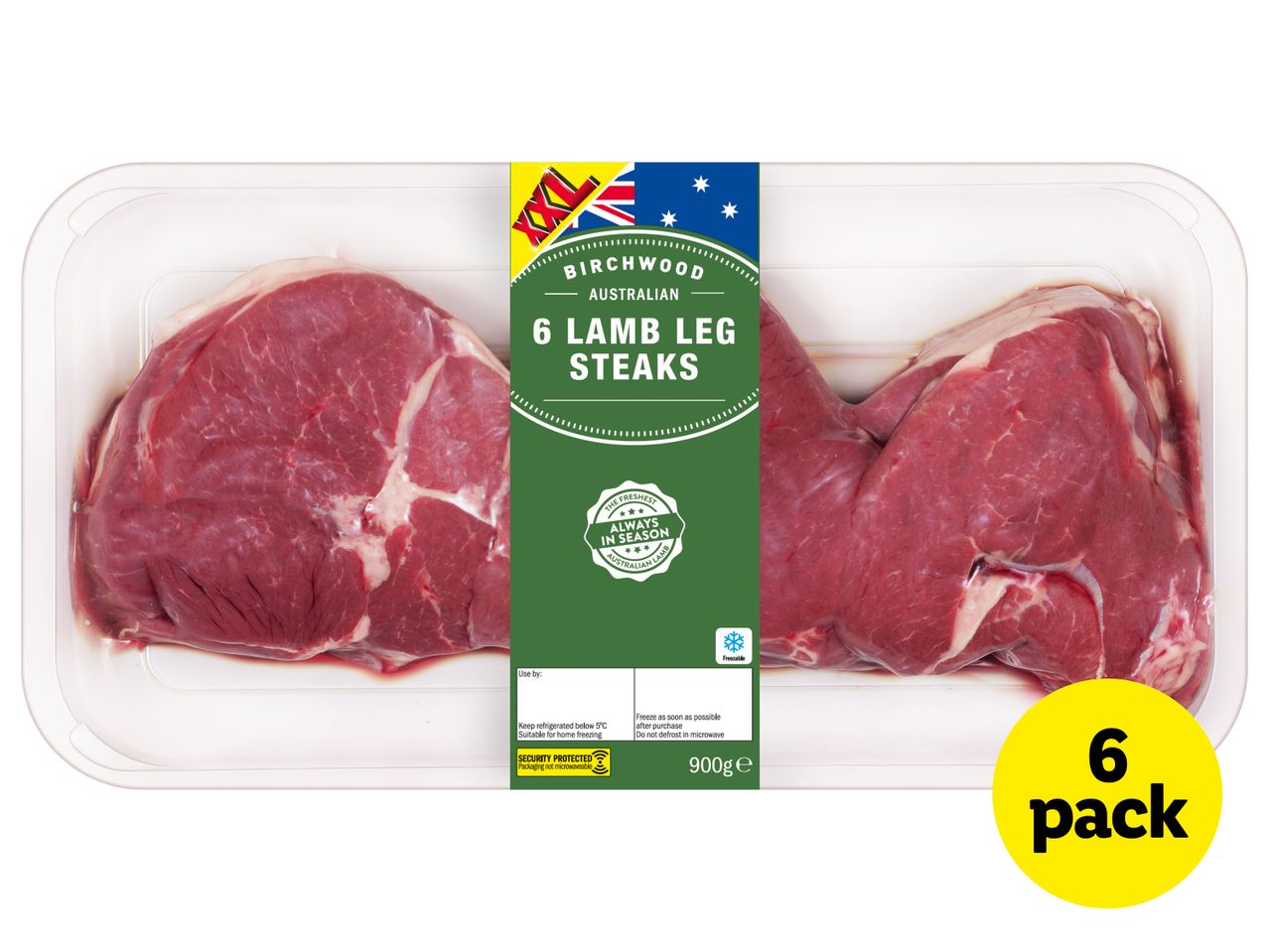 Birchwood 6 Lamb Leg Steaks in a clear plastic tray