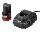 A black 12V battery and a black battery charger with red accents.