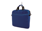 A blue laptop bag hangs on a hook.