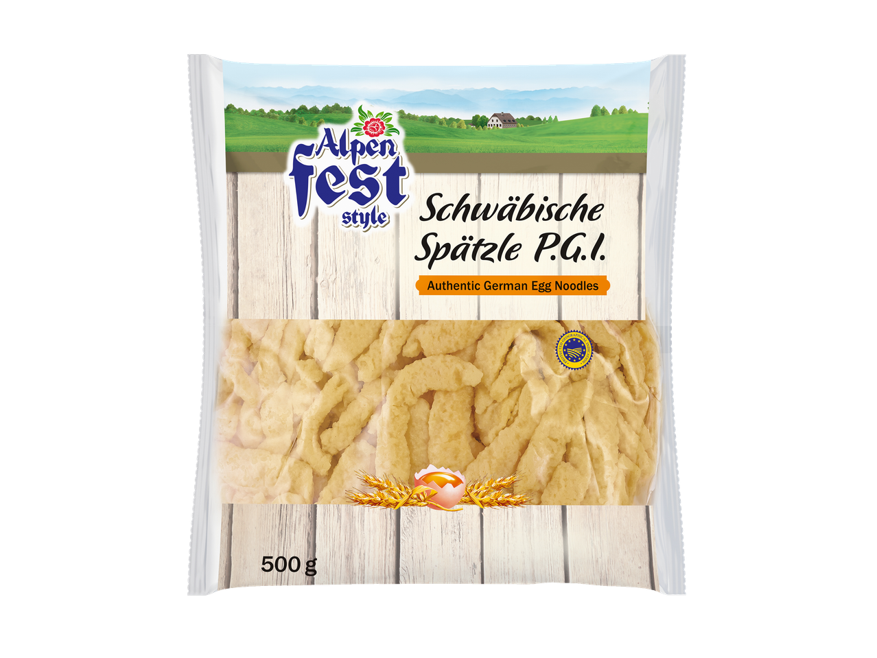Pack of authentic German egg noodles (Schwäbische Spätzle P.G.I.) with a mountain landscape.