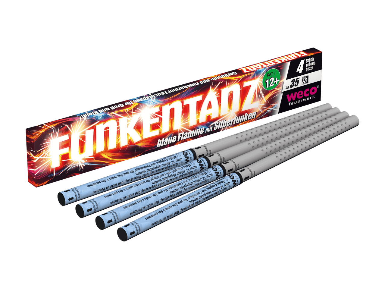 Packung mit 4 Wunderkerzen mit blauer Flamme und Silberfunken.