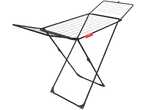 Black clothes drying rack with red clip holders, angled view.