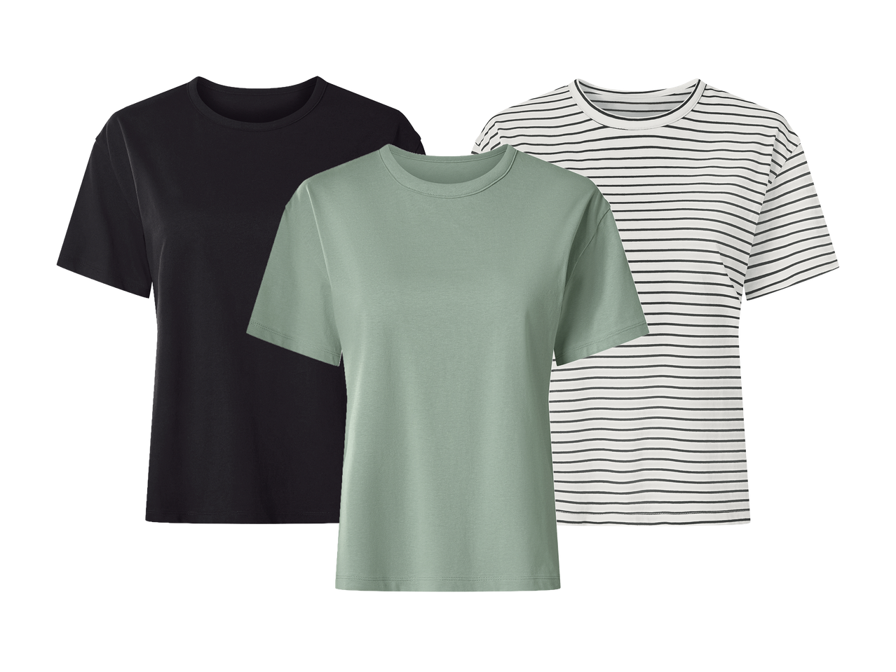 Tri majice kratkih rukava: crna, zelena i bijela s crnim prugama.