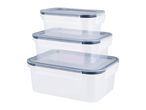 A set of three stackable, rectangular plastic storage containers with gray lids.