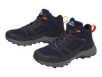Dark blue and black mid-cut hiking shoes with orange accents and grey soles