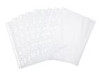 A stack of clear plastic sheet protectors with punched holes for a binder.
