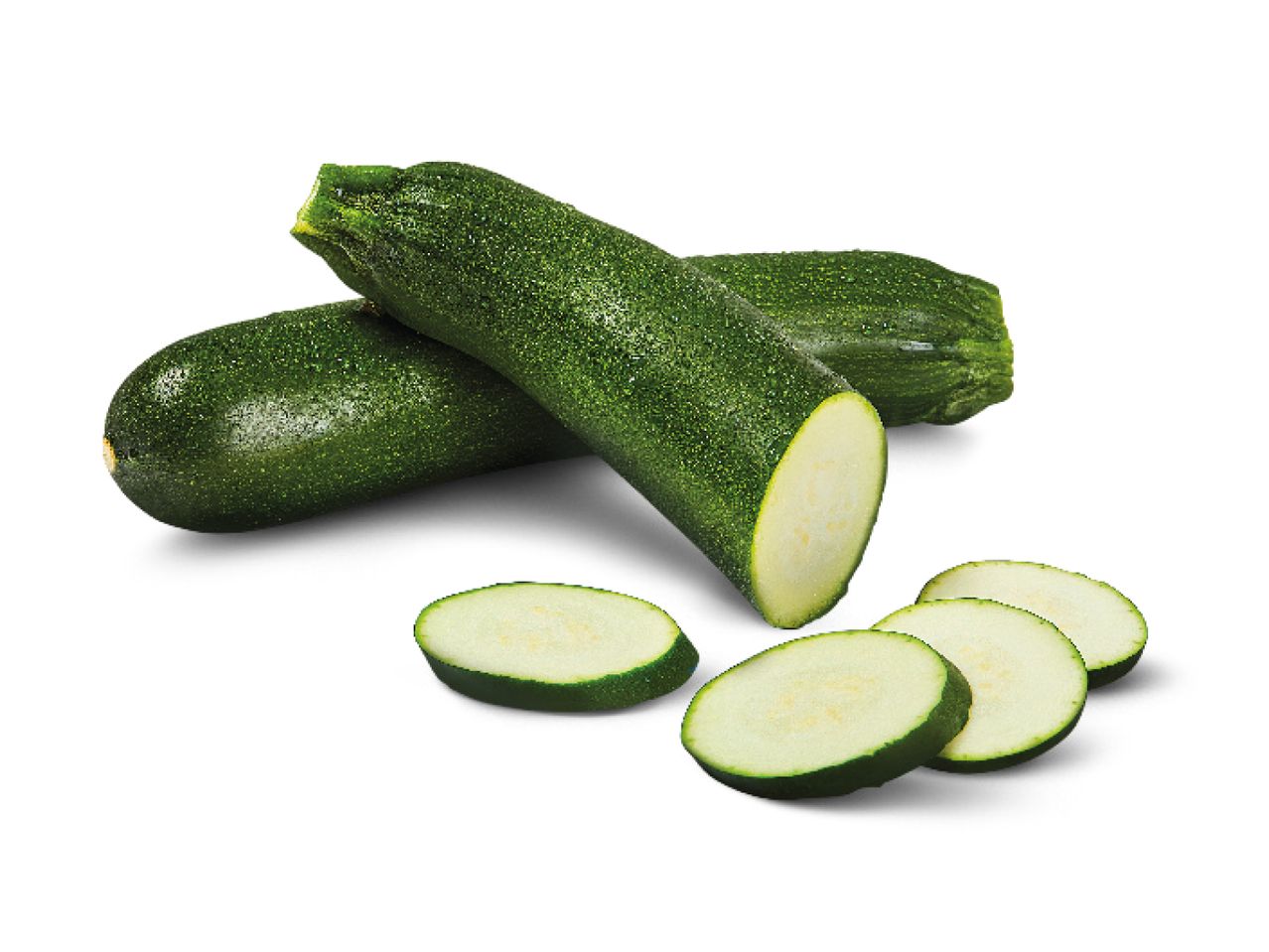Two whole zucchinis and several sliced zucchini pieces on a white background.