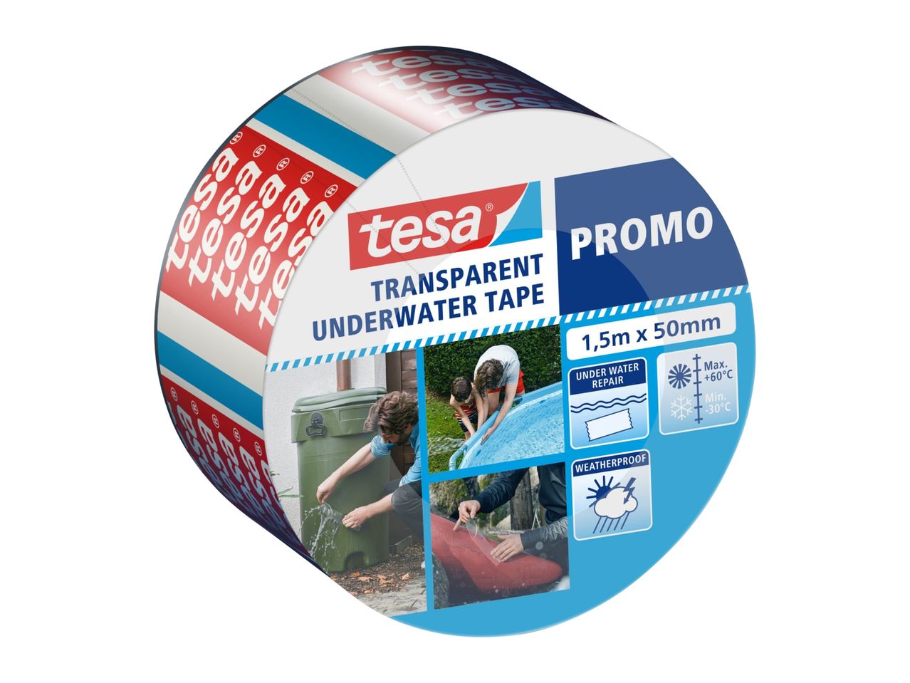Transparent underwater repair tape for various applications, including pools and water barrels.