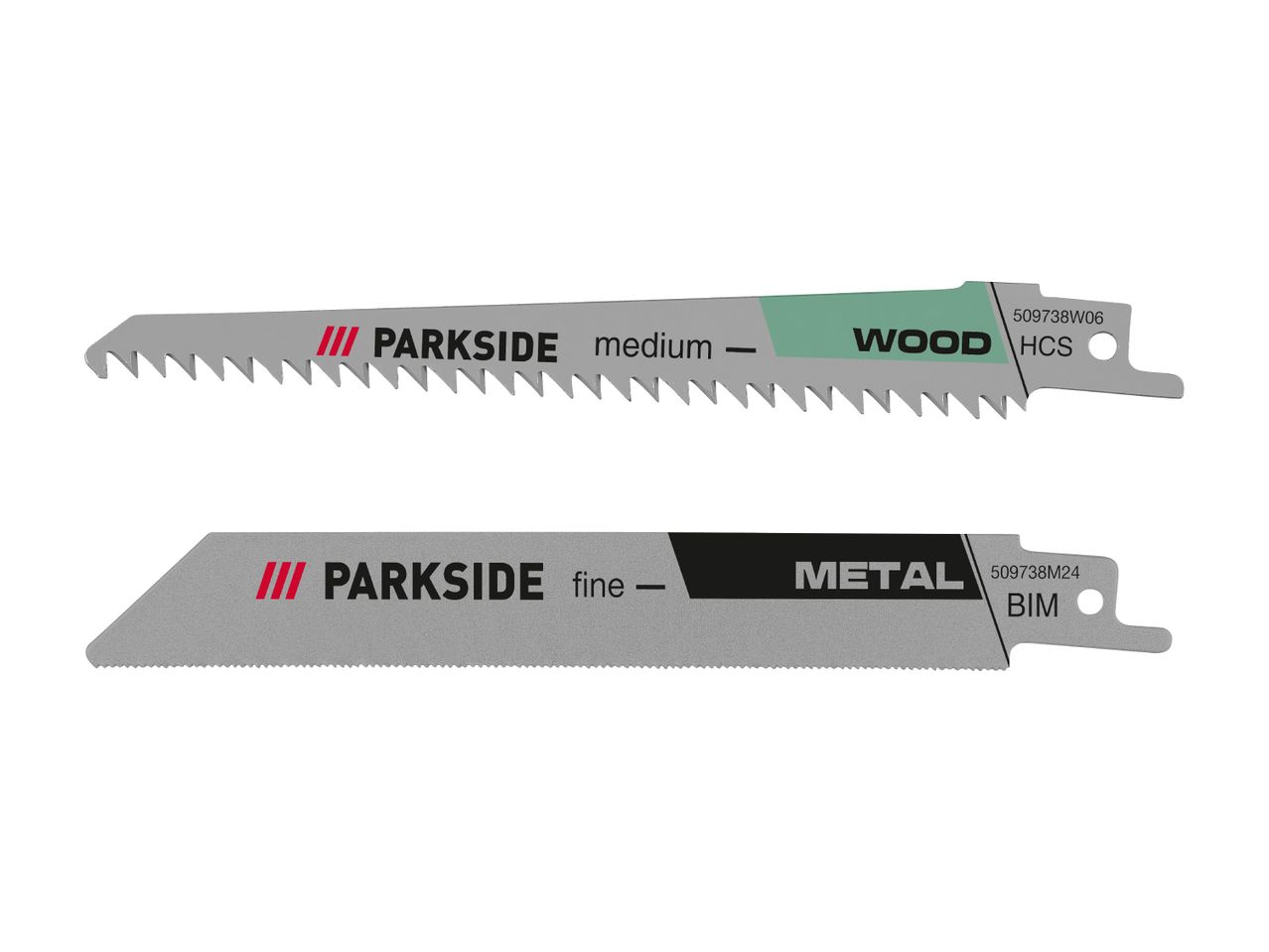 Two reciprocating saw blades: one for wood (medium, HCS) and one for metal (fine, BIM).