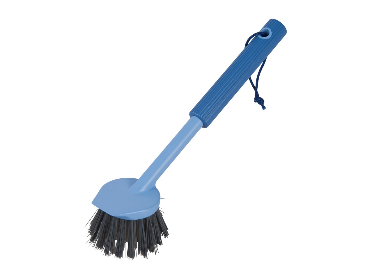 Blue dish brush with a dark bristle head and a hanging loop