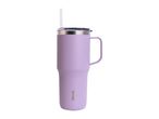 A lavender stainless steel tumbler with a handle and straw.