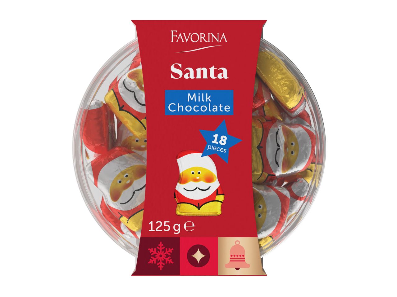 Santa milk chocolate figures in a clear tub, 18 pieces, 125g.