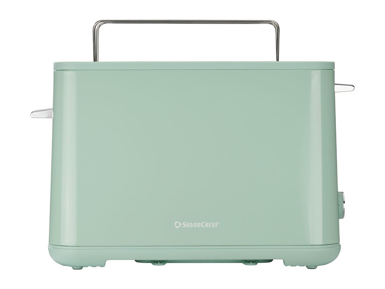 Light green toaster with a metal handle on top, viewed from the front.