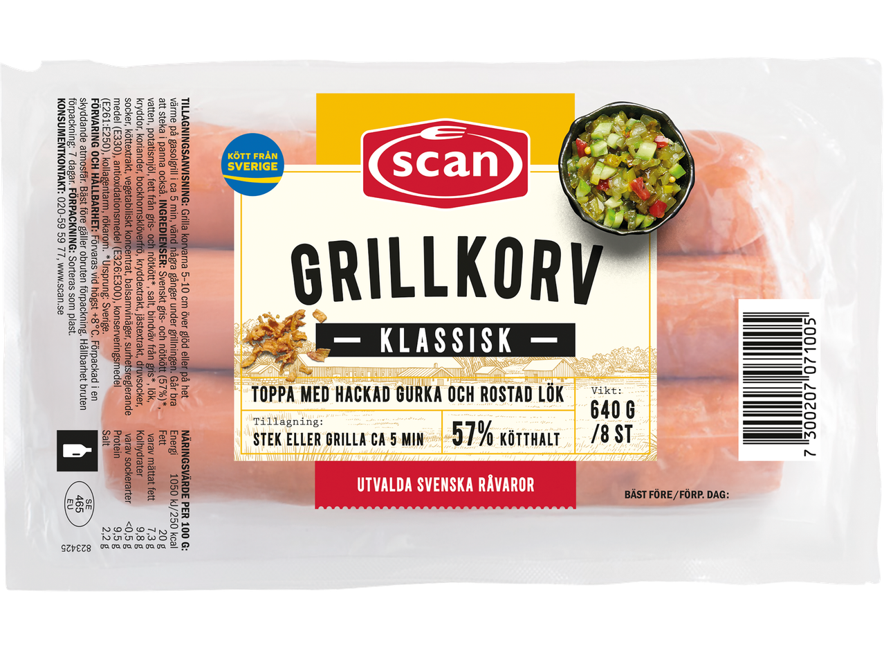 Scan Grillkorv Klassisk förpackning med bild på korv och tillbehör.