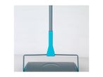 A teal and gray push broom stands upright against a white background.