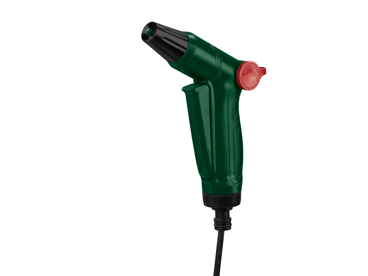 Zaļš dārza smidzinātājs ar sarkanu pogu.