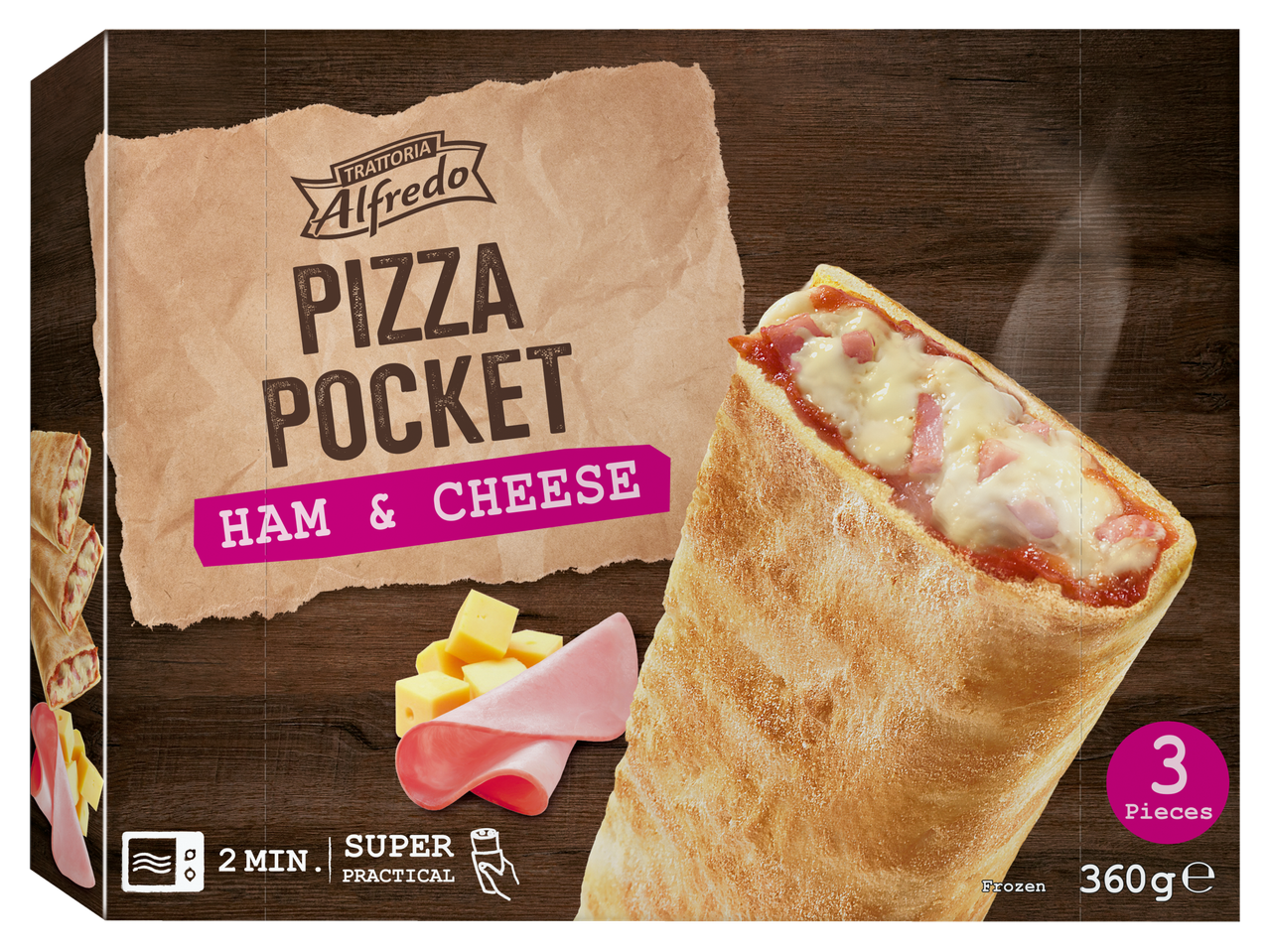 Pizza Pocket Trattoria Alfredo: 3 pizzas congeladas de presunto e queijo.