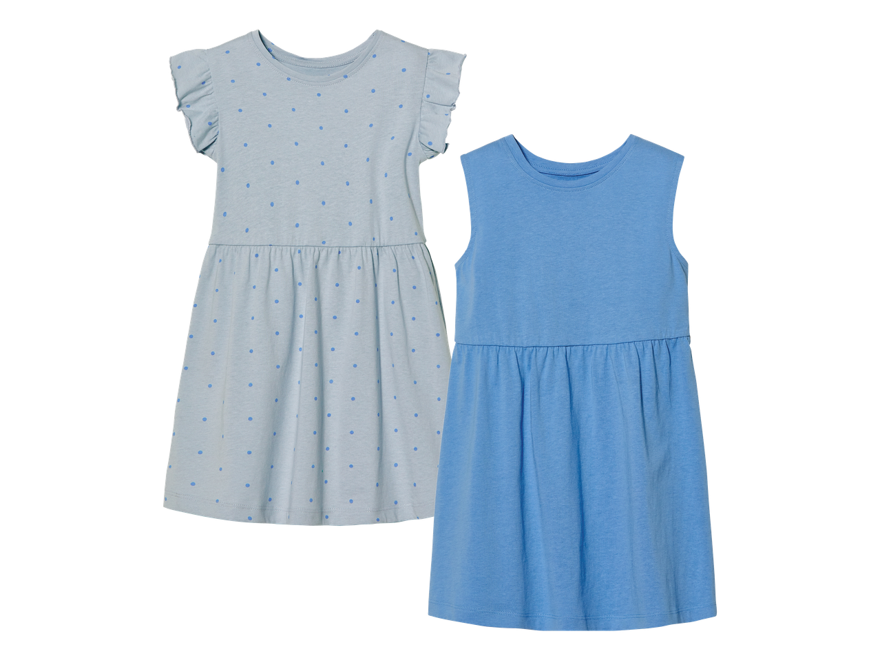 Dvije plave dječje haljine, jedna s točkicama i volanima, druga bez rukava.