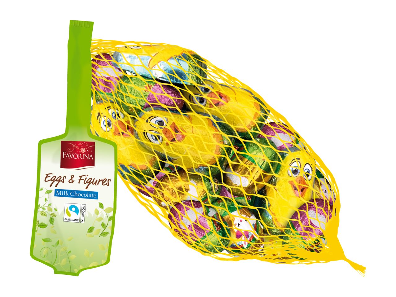 Easter chocolate eggs and figures in a yellow net bag with a green label.