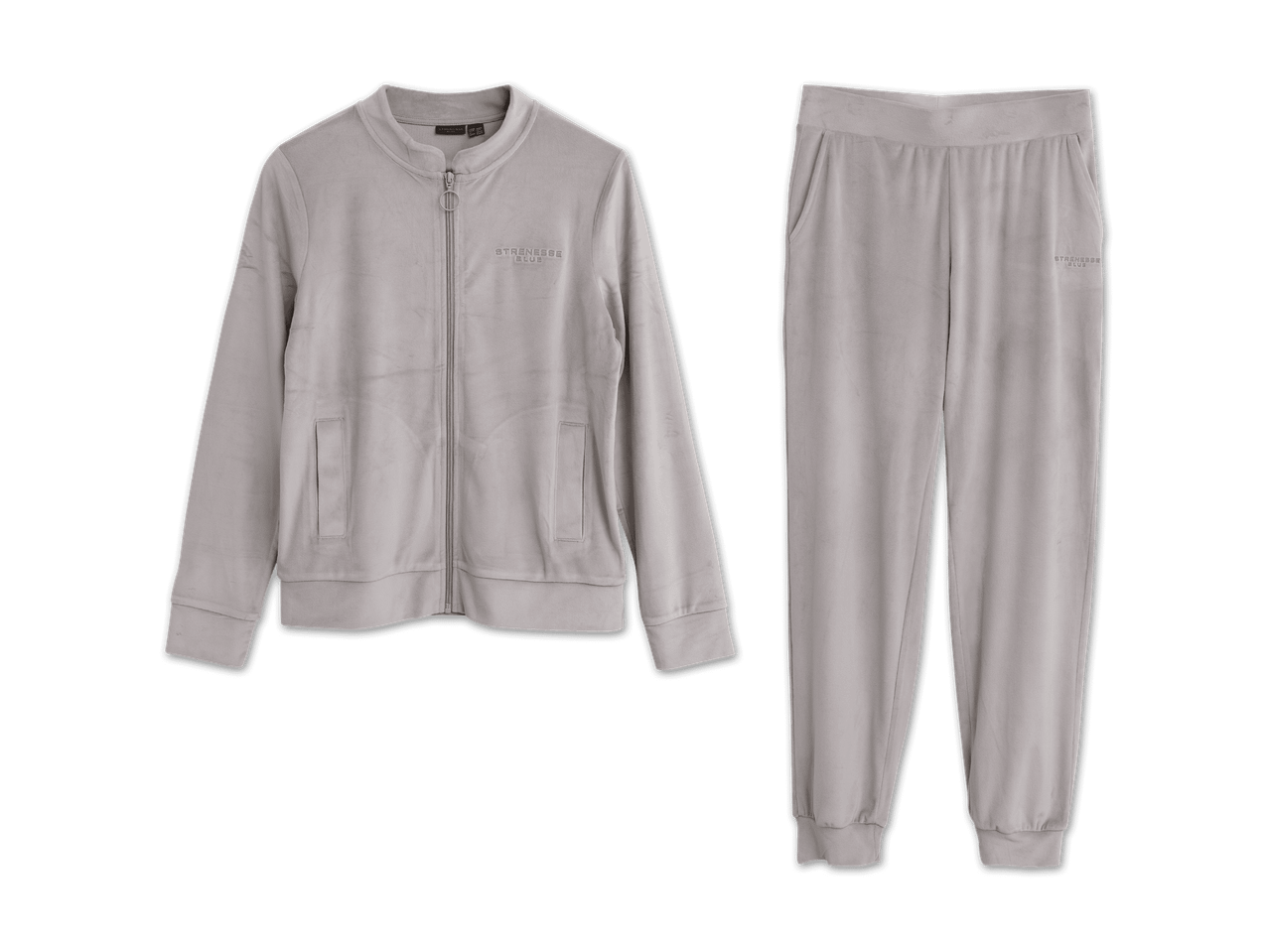Grauer Samt-Trainingsanzug mit Reißverschlussjacke und Jogginghose von STRENESSE BLUE.