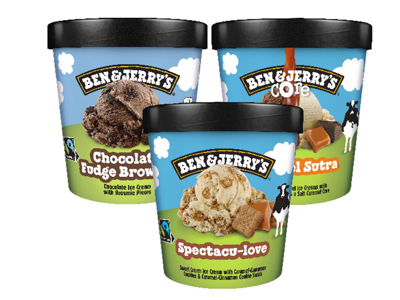 Kolm Ben & Jerry's jäätisekarpi: Chocolate Fudge Brownie, Caramel Sutra ja Spectacu-love.
