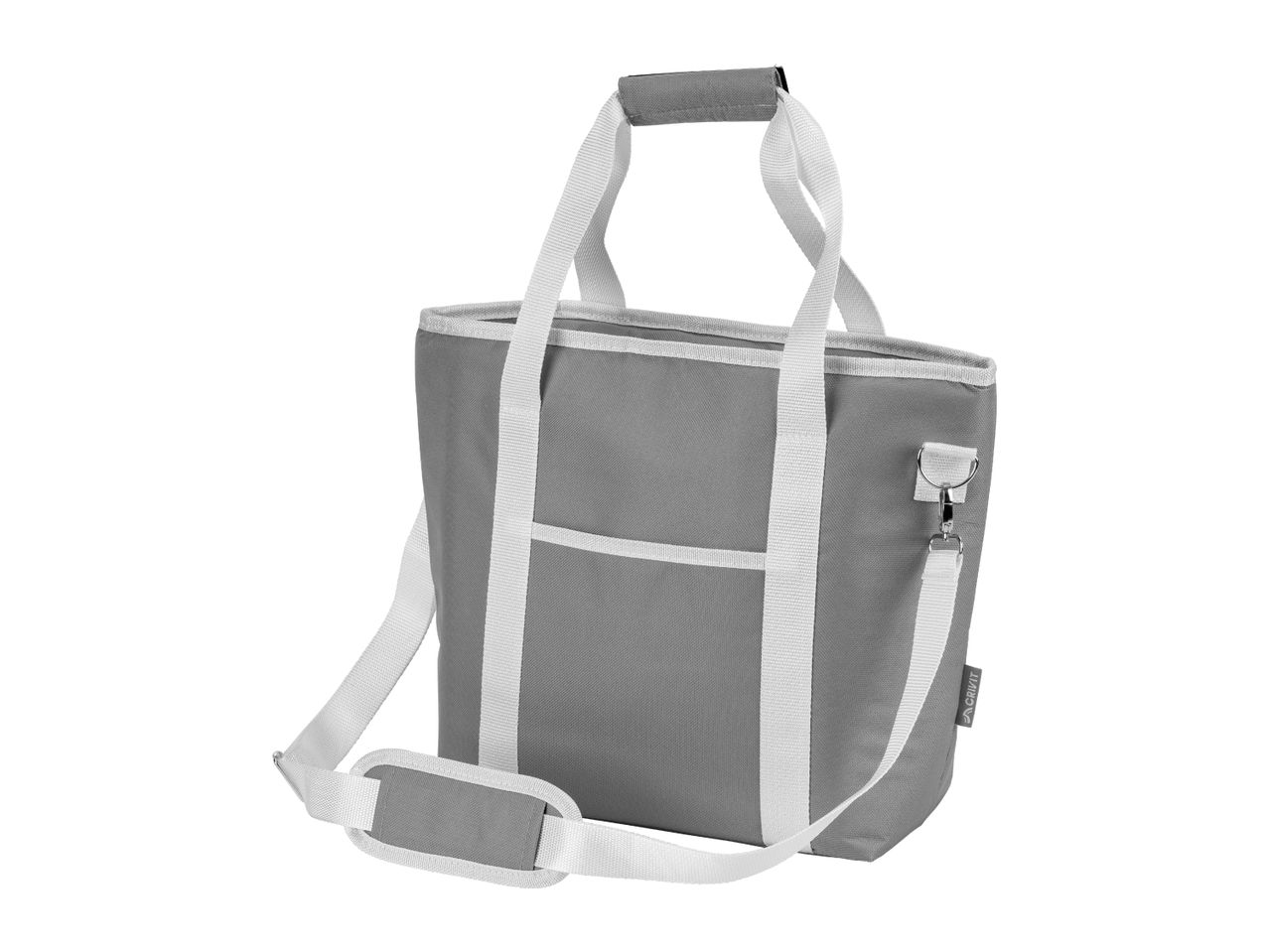 Grey cooler bag with white straps and a shoulder pad, shown on a white background.