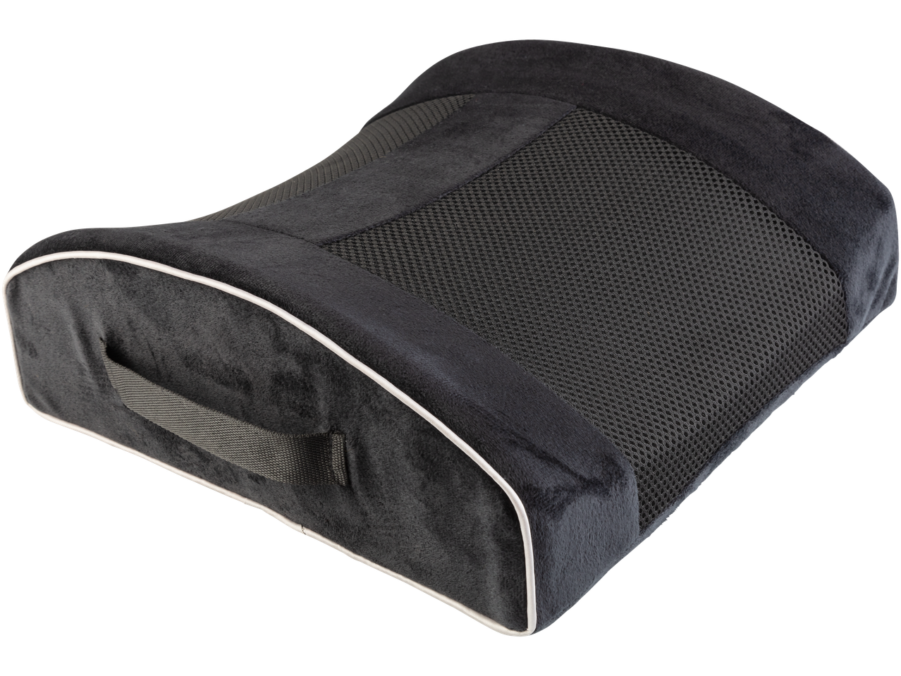 A black lumbar support cushion with mesh center and carrying strap.