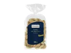 A clear plastic bag of tarallini with 14% olive oil, 500g, on a white background.