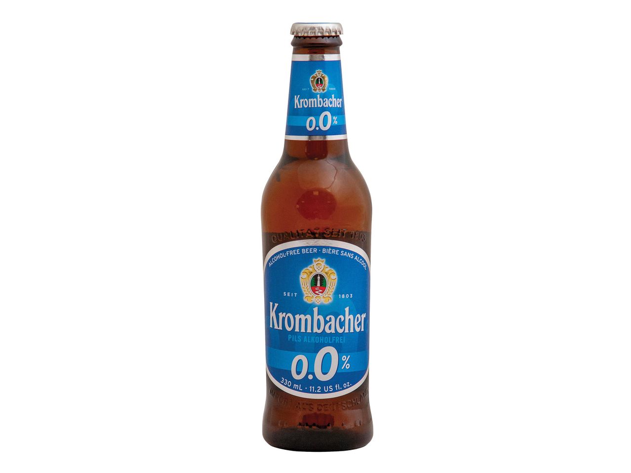 Kronenbourg 0.0%-os alkoholmentes sör üvegben.