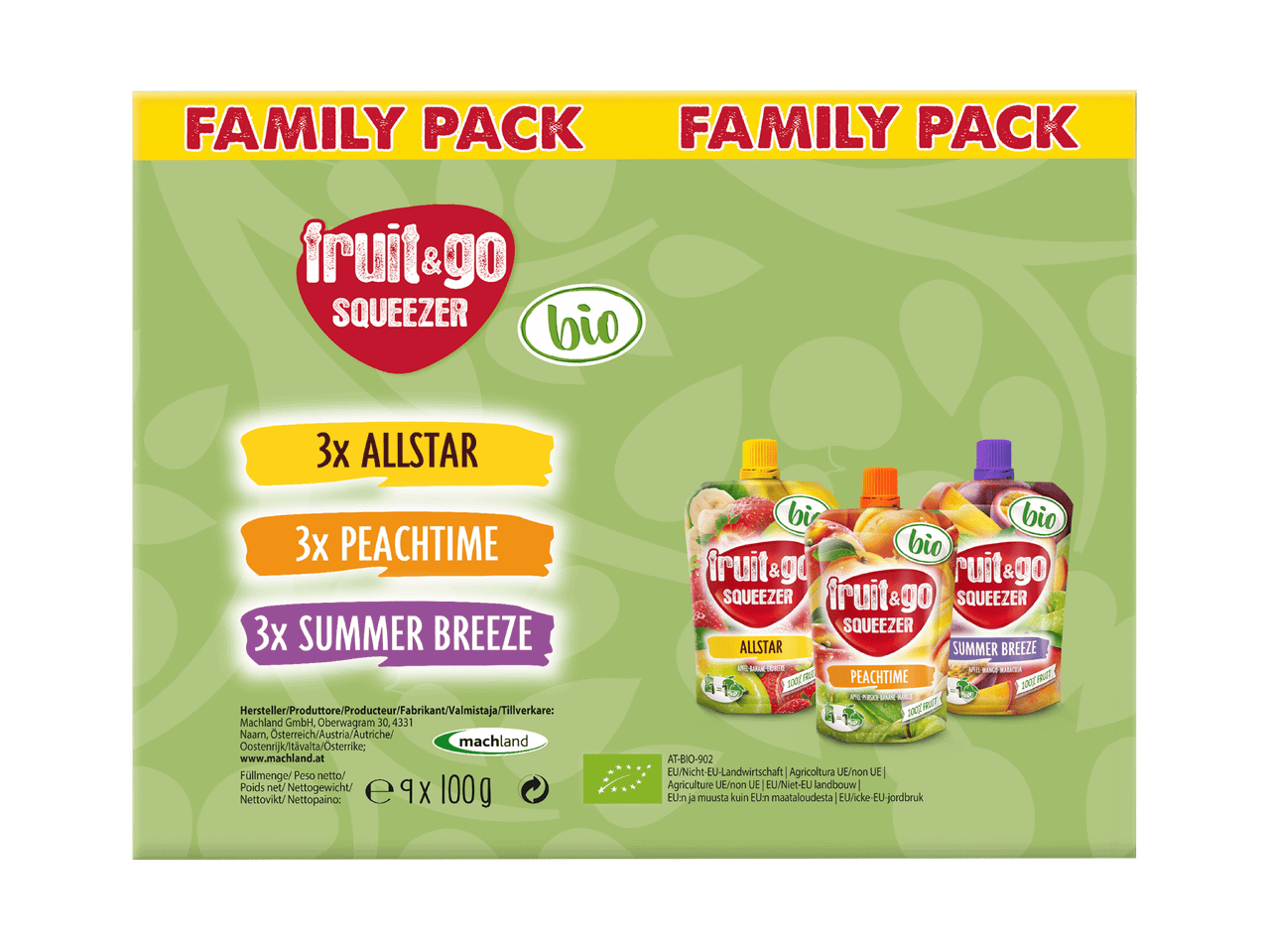 Familienpackung von Fruit&Go Squeezern mit den Geschmacksrichtungen Allstar, Peachtime und Summer Breeze.