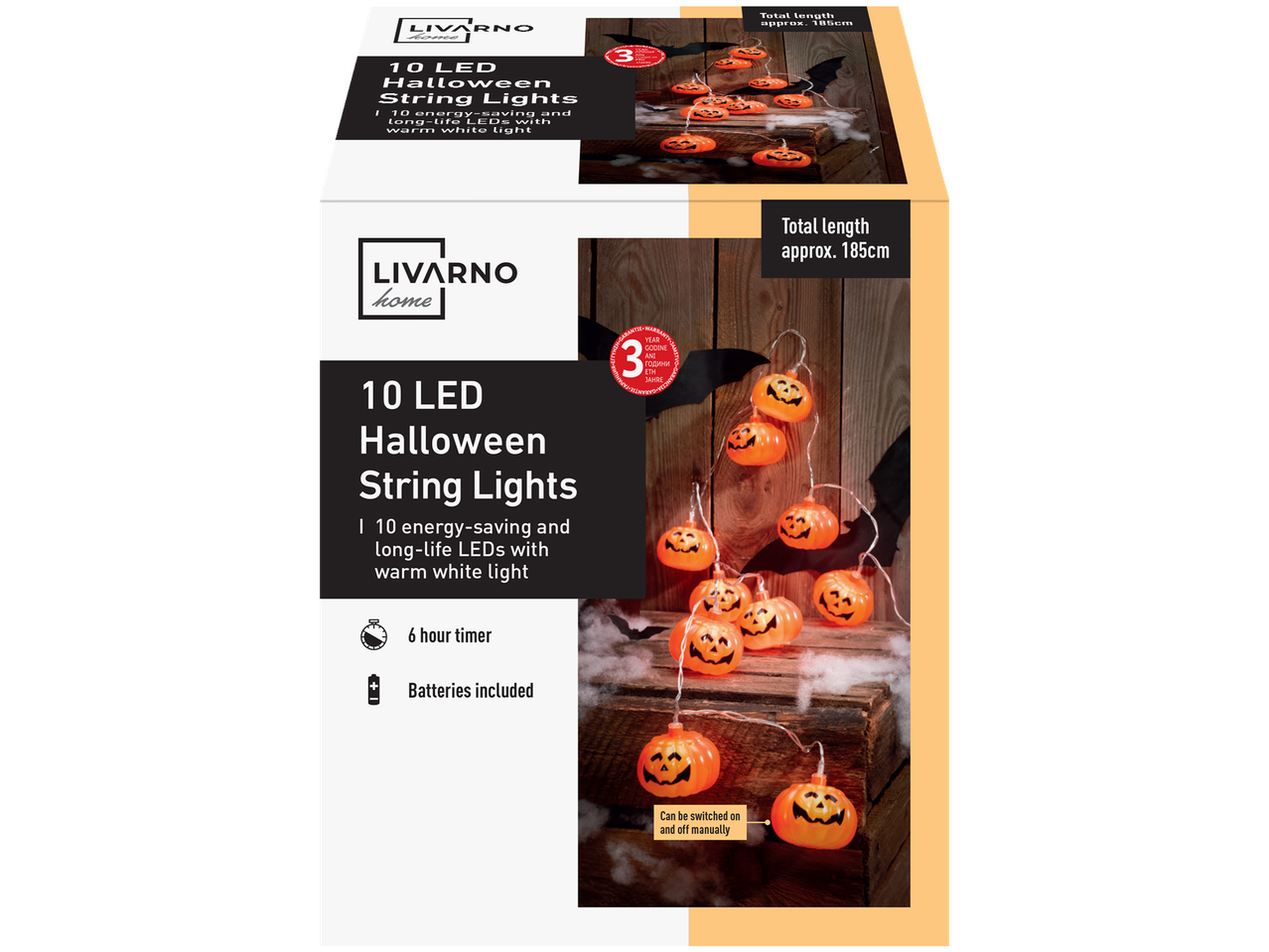 Luminițe de Halloween LIVARNO cu 10 LED-uri în formă de dovleac și temporizator de 6 ore.