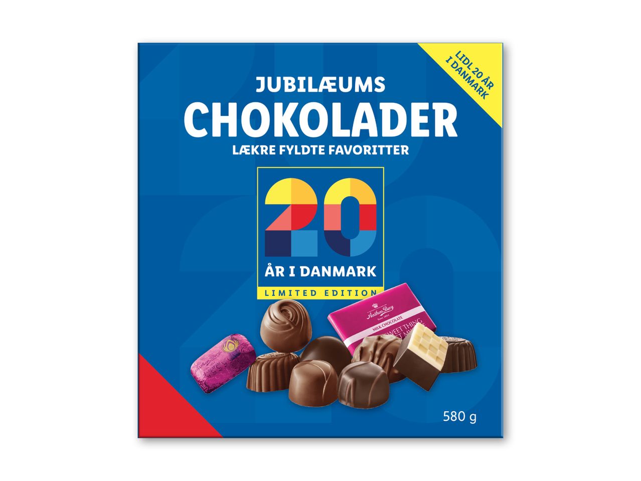 En æske Anthon Berg jubilæumschokolader, 580g.