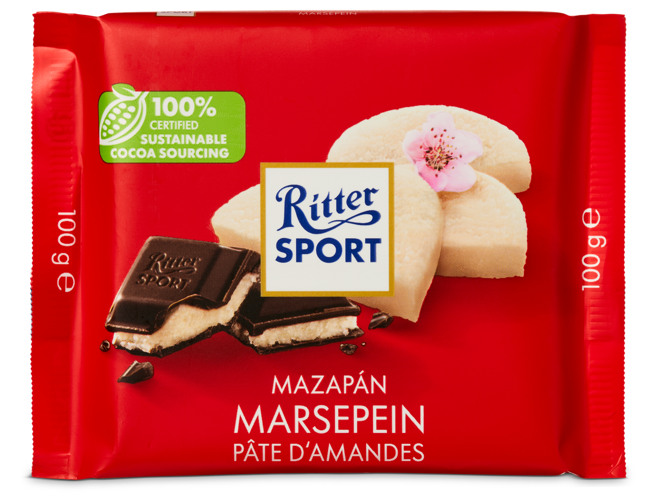 Ritter Sport marsepein chocolade: donkere en witte chocolade met marsepein.
