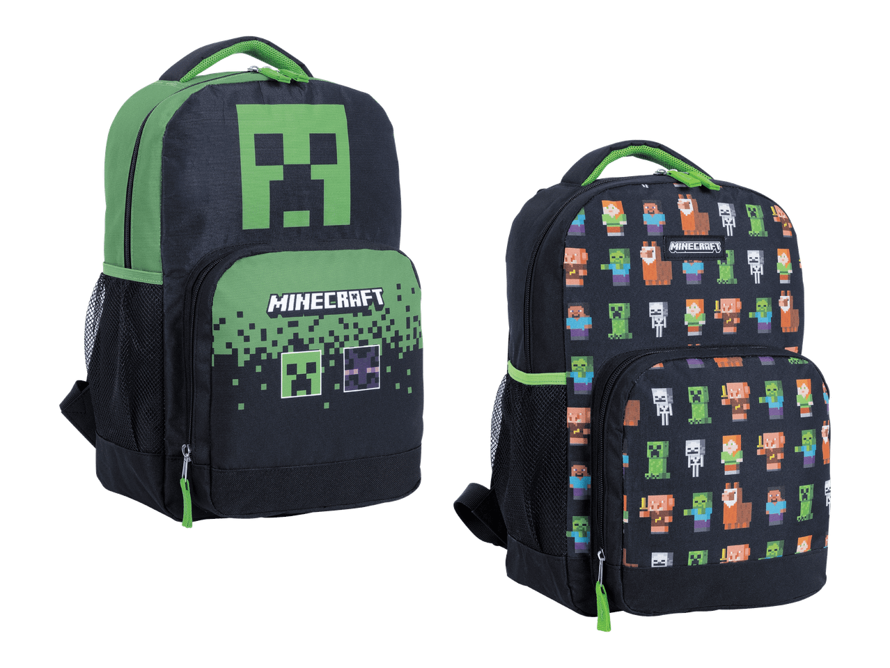 Kaksi Minecraft-reppua, toinen Creeper-kuviolla ja toinen pikselimäisellä kuviolla.