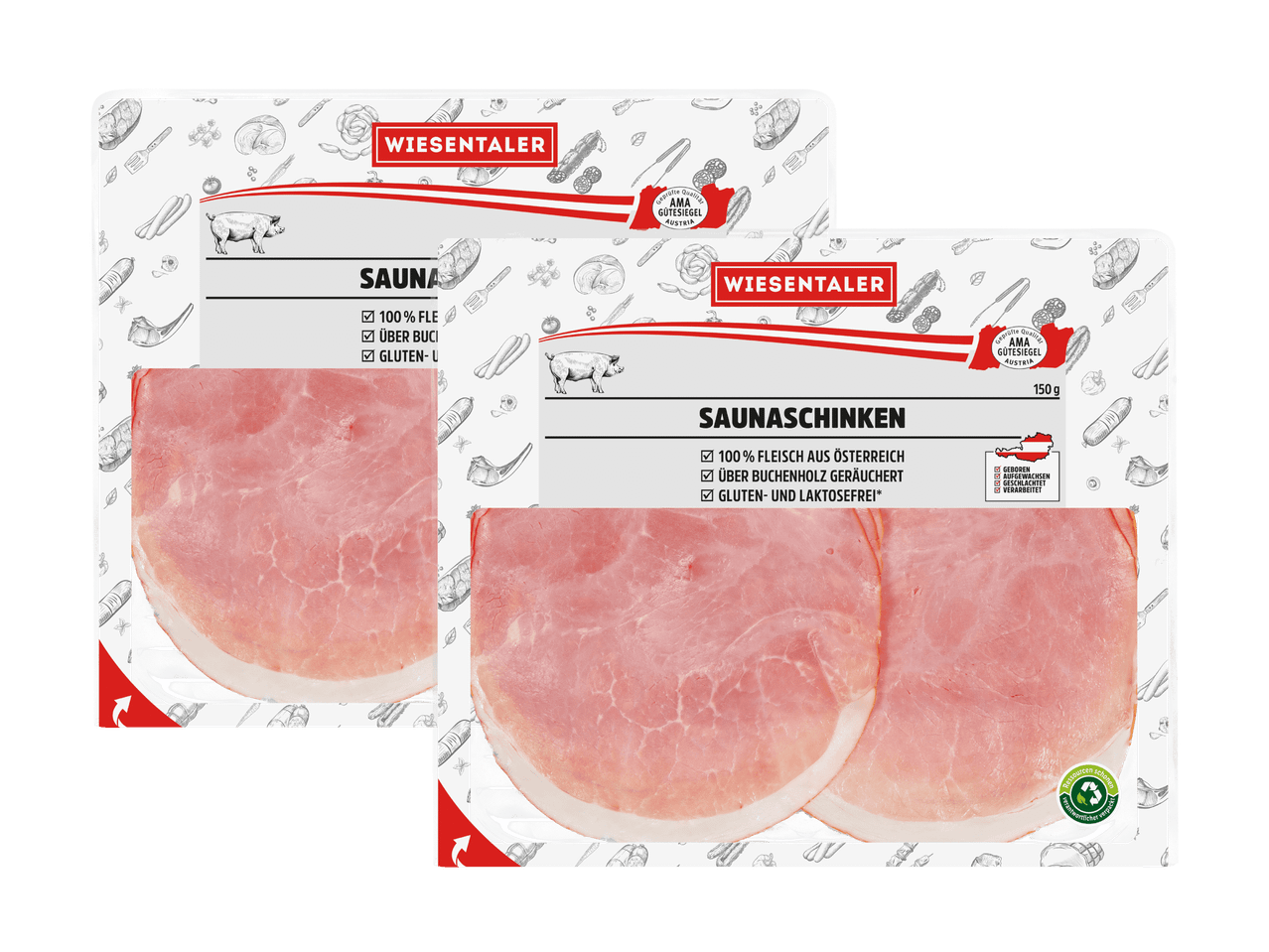 Zwei Packungen Wiesentaler Saunaschinken, 100% Fleisch aus Österreich, über Buchenholz geräuchert.