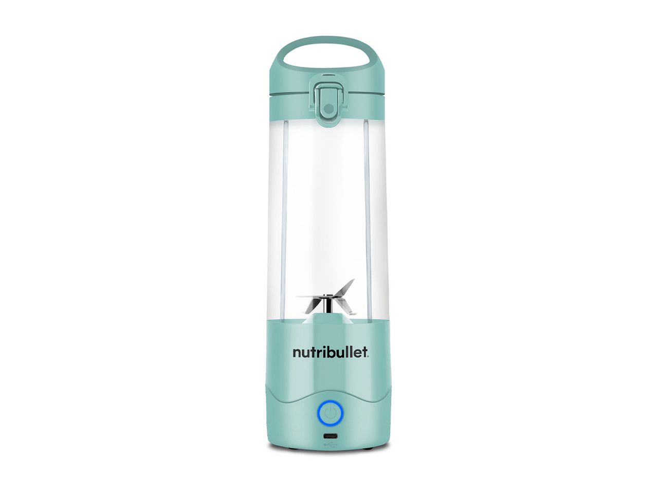 A teal portable personal blender bottle.